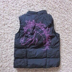 Cowgirl Hardwear 18M Black Purple Rhinestone Horse Puffer Vest Riding EUC